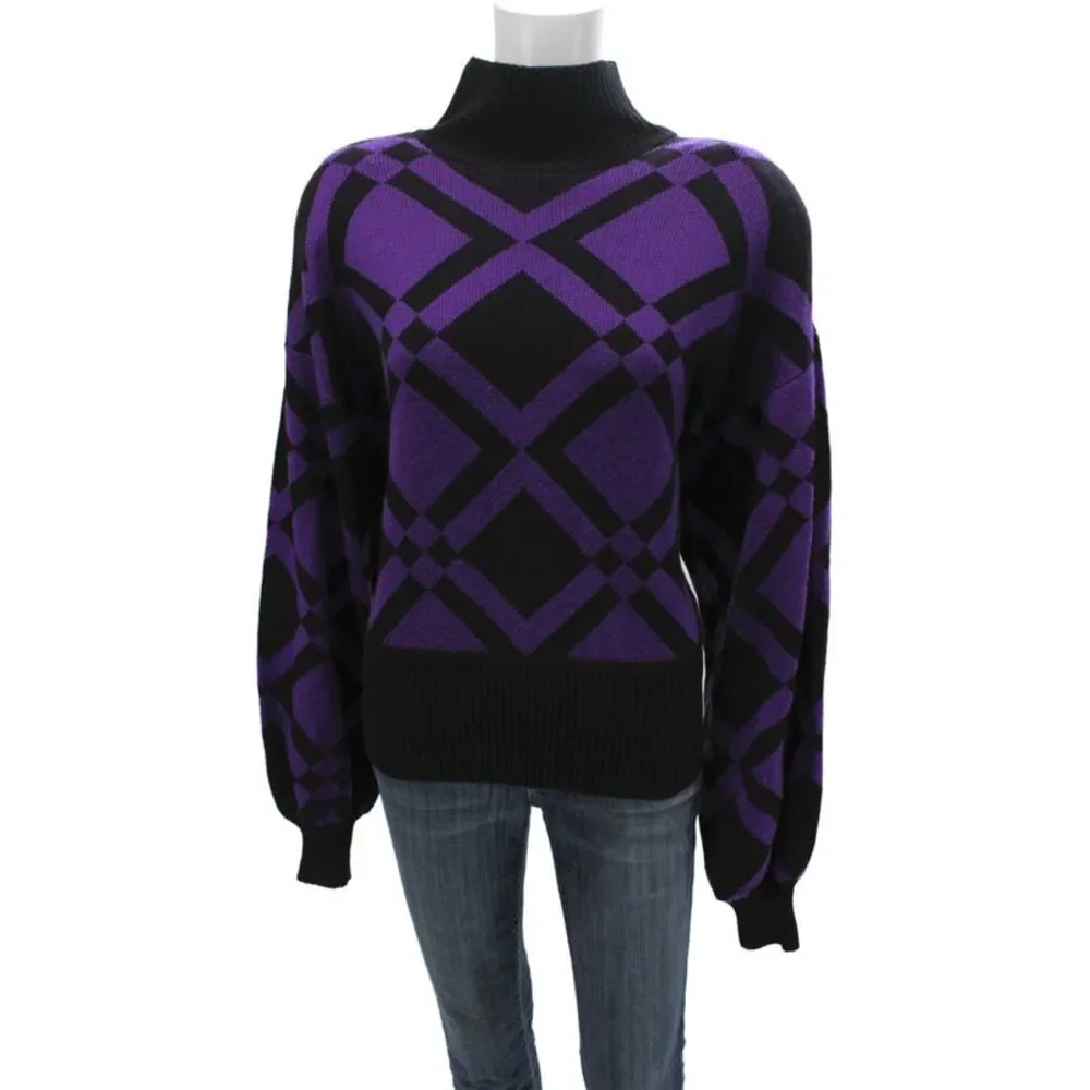 St. John Women Black Argyle Pullover Turtleneck Sweater Long Sleeve Size M